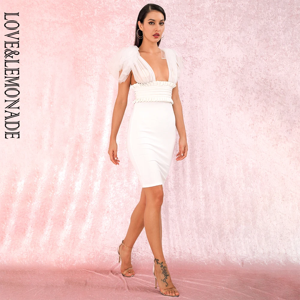 LOVE&LEMONADE Сексуальное Белое Бандажное платье в сеточку с v-образной горловиной и из искусственной кожи с украшением облегающее вечерние платье LM81919