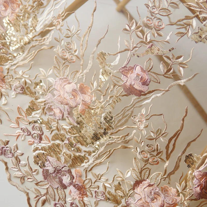 Абрикосовая мягкая Марля tissu блесток большой цветок вышивка позиционирование цветок материал высшего класса одежда платье ткань