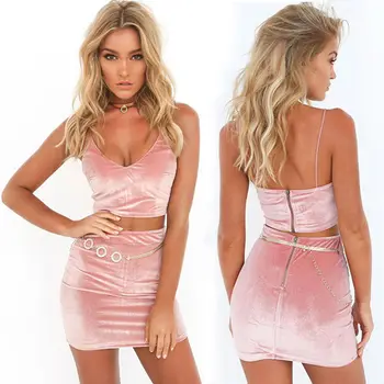 

Women Summer Two Piece Set Sexy Skirts Sleeveless Crop Tops+mini Skirts Gold Velvet Evening Party Fashion Ladies Clothing