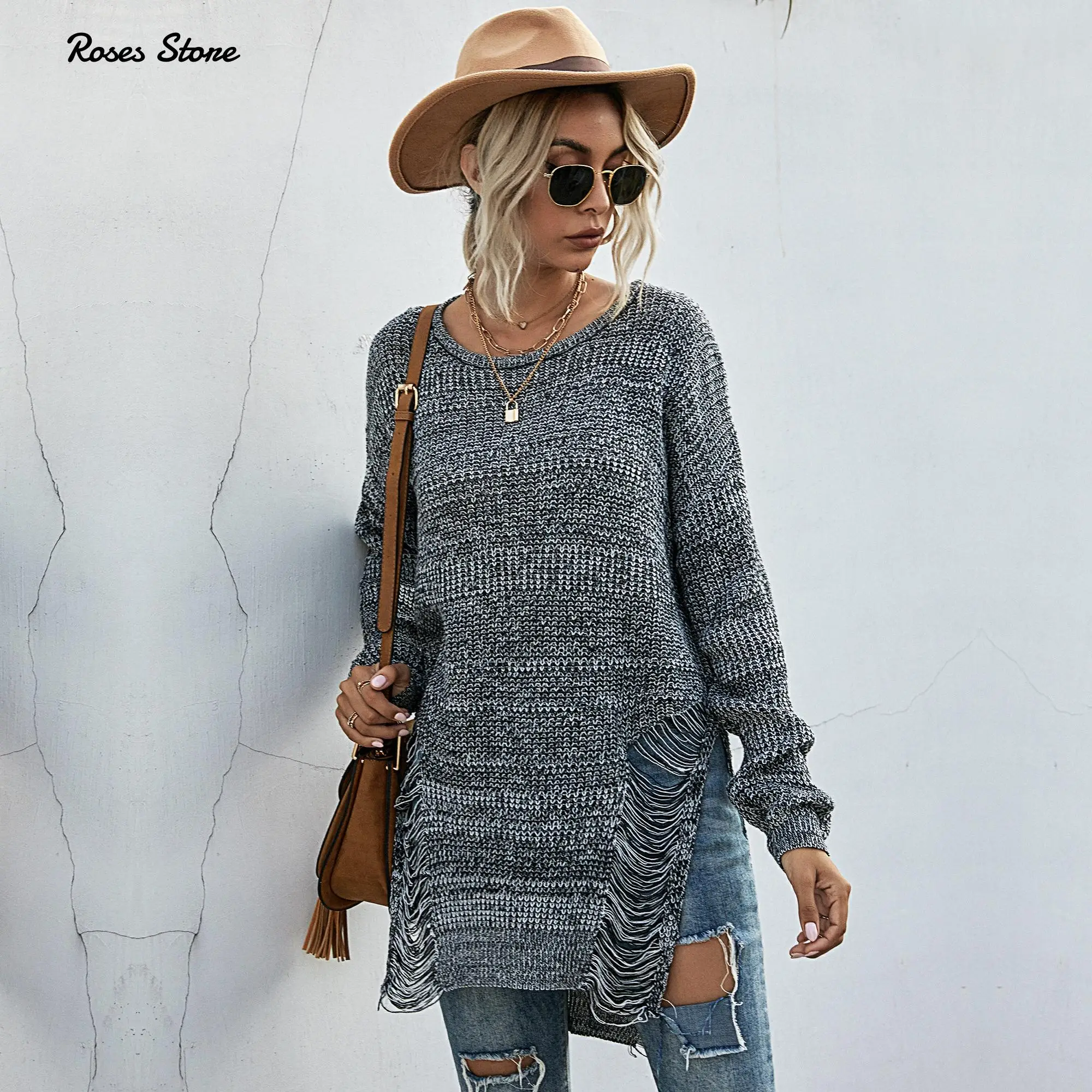 New Women's Ripped Autumn Sweaters Disdressed Tops Long Knit Ribbed Clothes Lady's Wooly Winter Jumpers Side Slit Pullovers | Женская