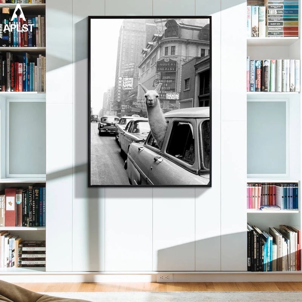 Забавная Картина на холсте, альпака, лама в Нью-Йоркском городе, такси, животные, печать, плакаты, настенные художественные фотографии для детского спального общежития