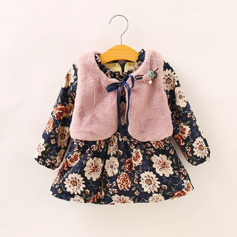 2020 Stylish Autumn Winter Princess Baby Girls Clothes Sets Floral Plaid Print Ruffles A-Line Dress+Fur Vest Coat 2pcs | Детская одежда
