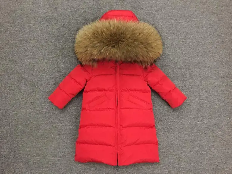 Детская Толстая теплая куртка на утином пуху длинное пальто-30 зимняя одежда для мальчиков и девочек детская парка Длинная Верхняя одежда с капюшоном с большим натуральным мехом - Цвет: Brown