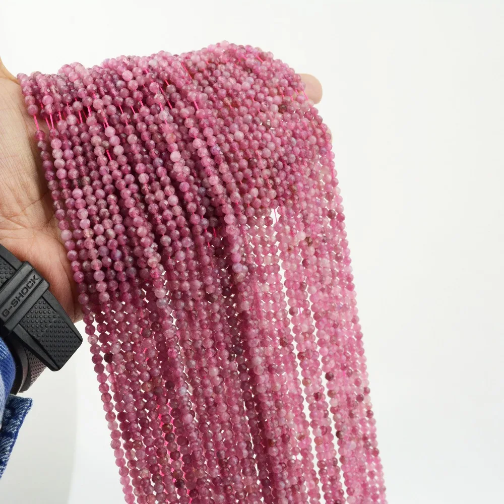 2 Strands Natural Genuine High Quality Pink Tourmaline Faceted Round Loose Beads 2-4mm DIY Jewelry Necklaces or Bracelets 15