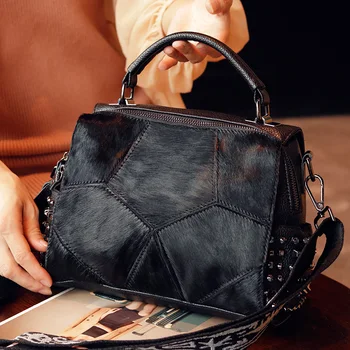 

Stitching horse hair female bag 2019 new soft leather shoulder bag Korean fashion rivet handbag wild Messenger bag