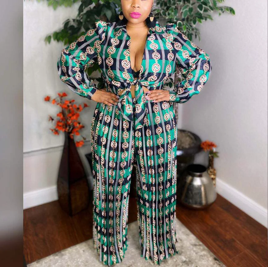 

4xl 5xl Plus Size Jumpsuits and Rompers for Women Green Print Long Sleeve Deep V Neck High Waist Elegant Clothes Jumpsuits Fall