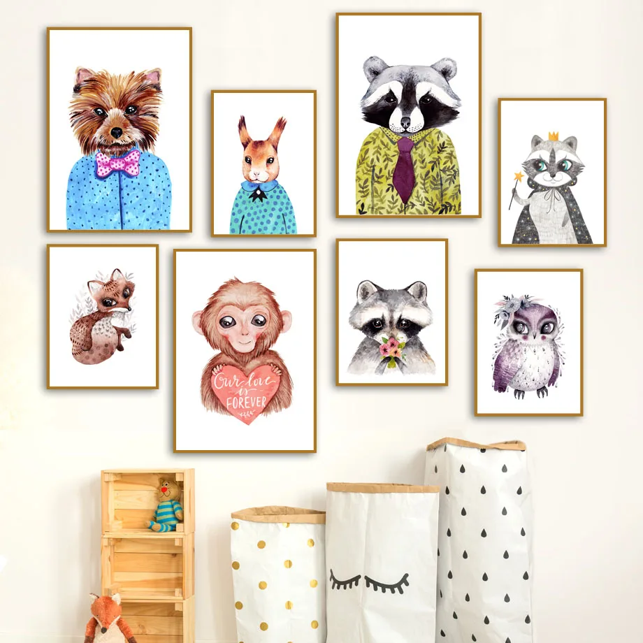 Cute-Raccoon-Monkey-Deer-Fox-Owl-Animal-Nordic-Posters-And-Prints-Wall-Art-Canvas-Painting-Wall(1)