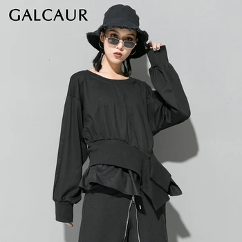 

GALCAUR Irregular Sashes Female T-Shirt O Neck Batwing Long Sleeve High Waist Streetwear Style Autumn T-shirt Women 2020 Fashion