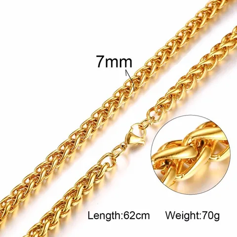 Wide Men Stainless Steel Wheat Spiga Franco Chain Necklace in Gold Tone Male Jewelry 24 Inch