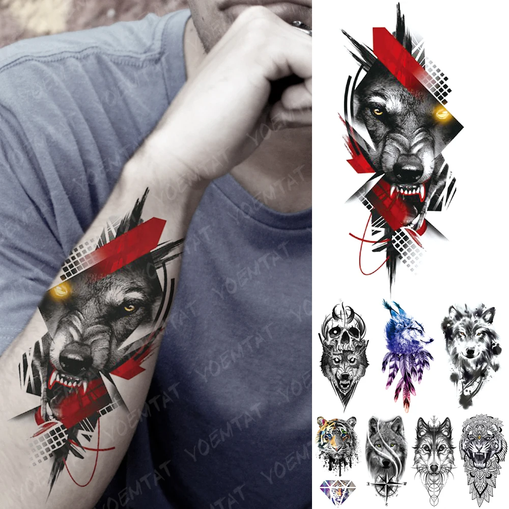 Waterproof Temporary Tattoo Sticker Wolf Skull Fox Feather Tattoos Tiger Lion Body Art Arm Fake Sleeve Tatoo Women Men