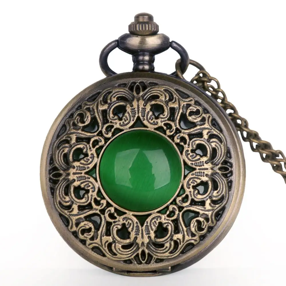 Antique Emerald Quartz Pocket Watch Vintage Bronze Pendant 80CM Necklace Fob Watch Gifts Clock