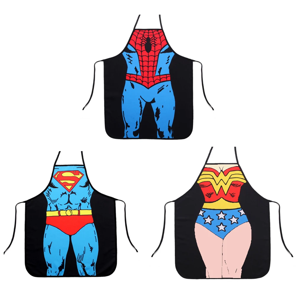 1pc Funny Cooking Kitchen Apron Superman Wonder Woman Dinner BBQ Party Apron Fun Gift