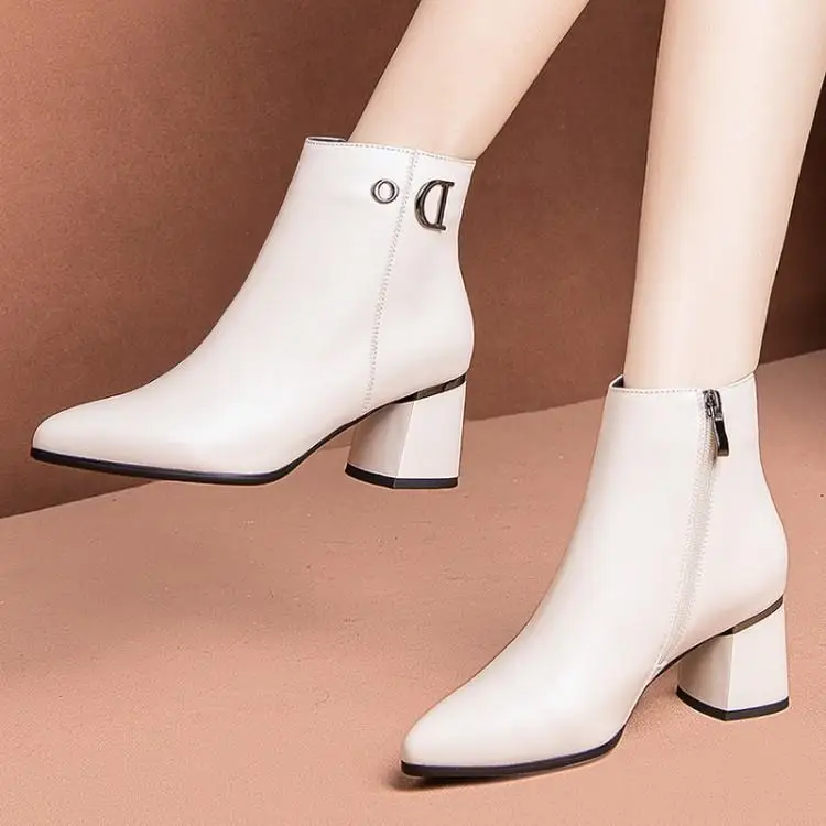 2019 средней длины на осень и зиму обувь каблуке риса белая кожа кожаные ботинки