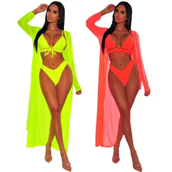 

Summer Neon Green Sexy 3 Piece Matching Sets Women Strap crop Top And Beach Shorts And Long Cardigan Club Outfits