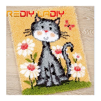 

Latch Hook Rug Kits Crocheting Carpet Rug Kitten & Daisy Acrylic Yarn Pre-Printed Canvas Cushion Mat DIY Crochet Tapestry Crafts