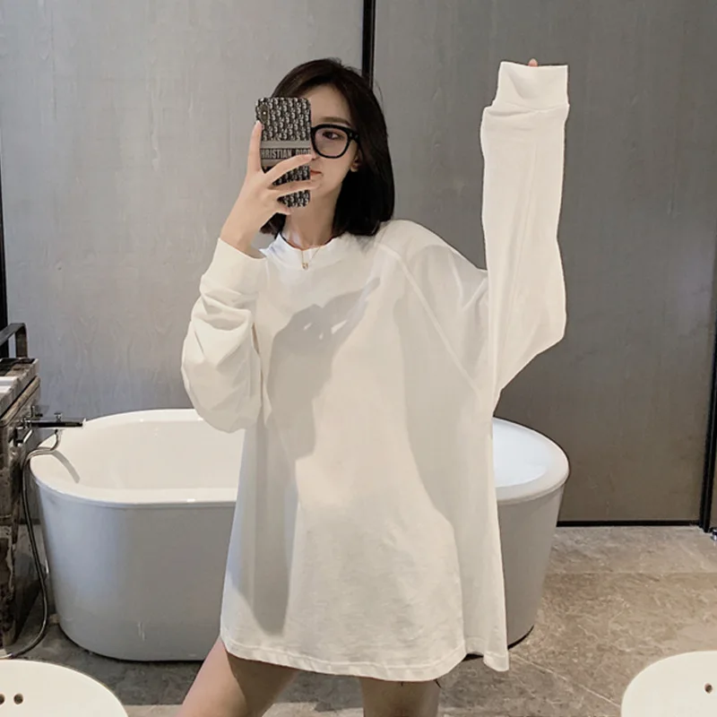

2020 Women Autumn T-Shirts Oversize Solid Bottoming O-neck Long Sleeve T shirts Lady White Cotton Tops Female Soft Casual