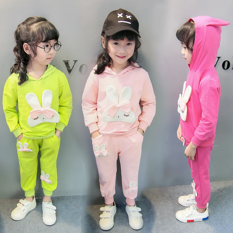 Весенне-осенние комплекты одежды для малышей Детские толстовки с капюшоном и рисунком кролика Хлопковые костюмы комплекты для малышей Детская одежда для девочек, спортивные костюмы