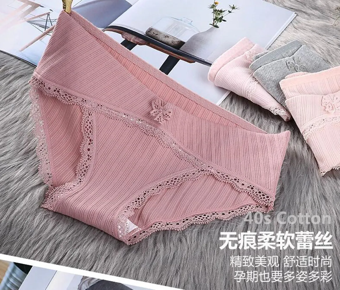 2PCS Rib Stretch Cotton Maternity Panties with Lace Low Waist Belly Underwear Clothes for Pregnant Women Pregnancy Briefs
