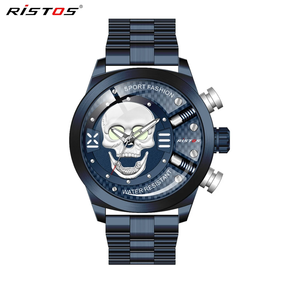 RISTOS 3D череп Личность Ретро Мода Мужские часы Прохладный Череп мужской роскошный бренд часов кварцевые Креативные Часы Relogio Masculino - Цвет: Blue Steel Strap