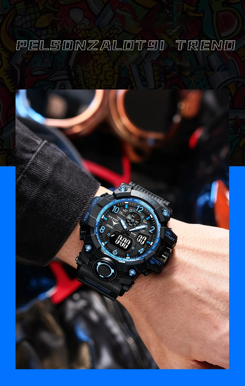 50M Waterproof Sports Watch for Men LED and Three Pointers Dual Display Stopwatch Chronograph Week Date Month Digital Male Reloj