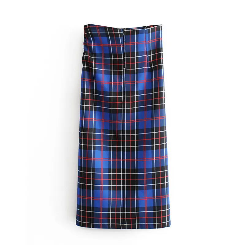 Women Vintage Elegant Plaid Split Midi Skirt Fashion High Waist Back Zipper Office Pleated Skirts Casual Faldas Mujer