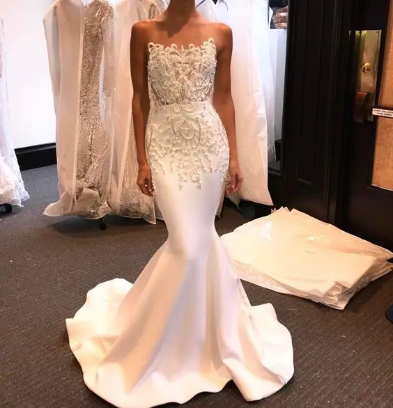 Белое пятно Prom Dress Mermaid свадебное платье без бретелек с аппликациями сексуальное вечернее платье vestidos de праздничное платье украшенное бусами развертки поезд