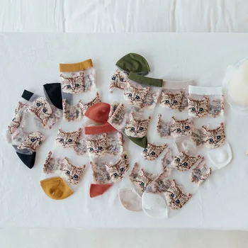 

Cute Transparent Embroidery Funny Socks Women Kawaii Harajuku Thin Glass Silk Socks Japanese Calcetines Mujer Sokken