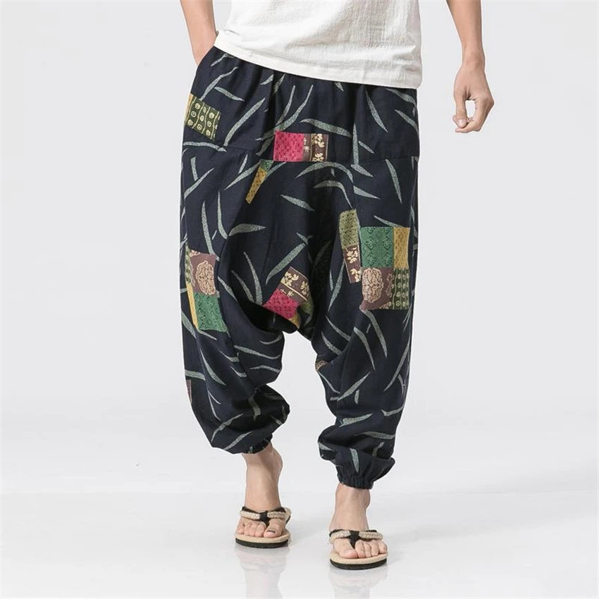 

Man Japanese Traditional Floral Printed Hanging Pants Chinese Style Linen Wide Leg Trousers Elastic Waist Hip Hop Streetwear