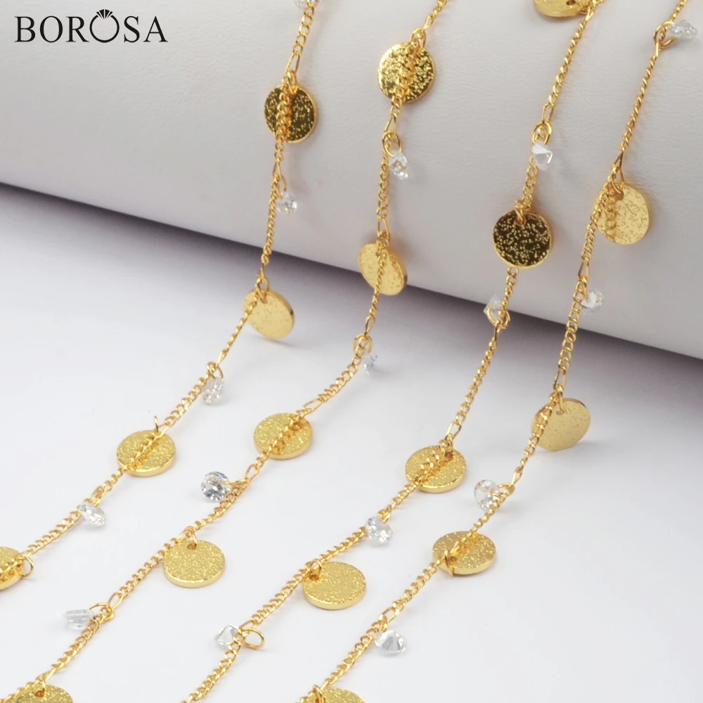 

BOROSA 3/5Meters Gold/Silver Color 8mm Brass Coin With White CZ Beads Chains Metal Beads Chains Jewelry Finding JT237 JT238
