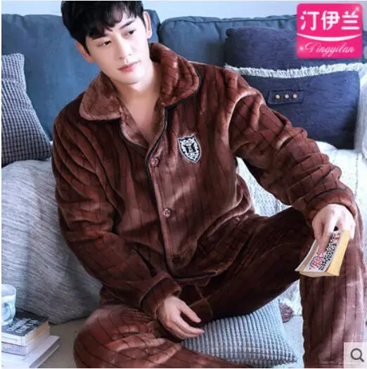 Fashion Brand Luxury Winter Pajamas Men Sleepwear Thick Warm Coral Fleece Mens Pajama Set Male Nightwear Leisure Home Clothing - Цвет: 012