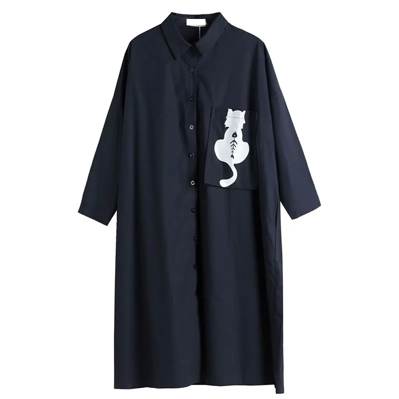 dark blue GCC1244 XITAO плюс размер с принтом карман миди платье женское модное корейское отложной воротник длинный рукав свободный покрой элегантное платье осень GCC1244 - Цвет: dark blue GCC1244