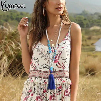 

Yumfeel New Women Tassel Necklace Handmade Wood Beads Nugget Stones Pendant Necklace Jewelry