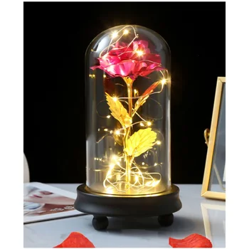 

New Artificial Flower Galaxy Plastic Rose And Led Light With Fallen Petals In Glass Dome On Wooden Base Best Gifts For Girl F1