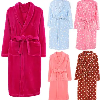 

Winter Warm Bathrobes Women Dots Star Print Warm Flannel Long Sleeve Bath Robe Dressing Soft Gown Sleepwear