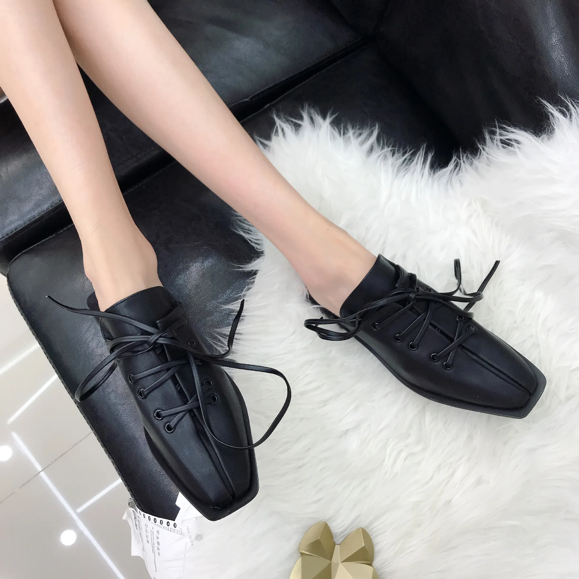 

2019 Autumn New Square Head Lace-up Closed-toe Slipper Outer Wear British-Style Vintage Chunky-Heel Students Versatile WOMEN'S S