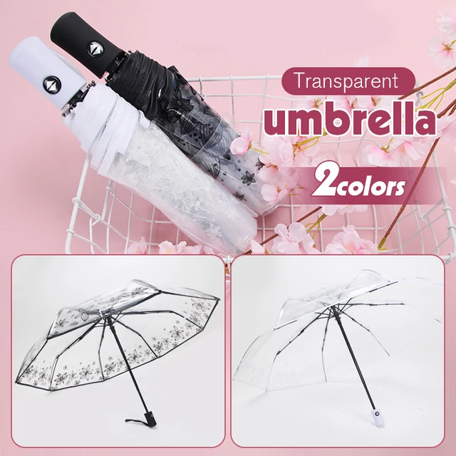 Ombrello automatico trasparente portatile da donna piccolo manico lungo  fresco ombrello trasparente ombrello da pioggia a tre pieghe - AliExpress