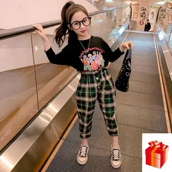 

Kids Clothes Sets 2020 Spring Suit New Fashion Girls Round Neck Cartoon Blouses + High Waist Plaid Pants Two-piece Suit 4-12 Y