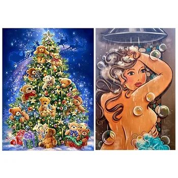 

2 Set 5D Diamond Painting Cross Stitch Kits Embroidery Decor, Fat Woman & Christmas Tree Bear