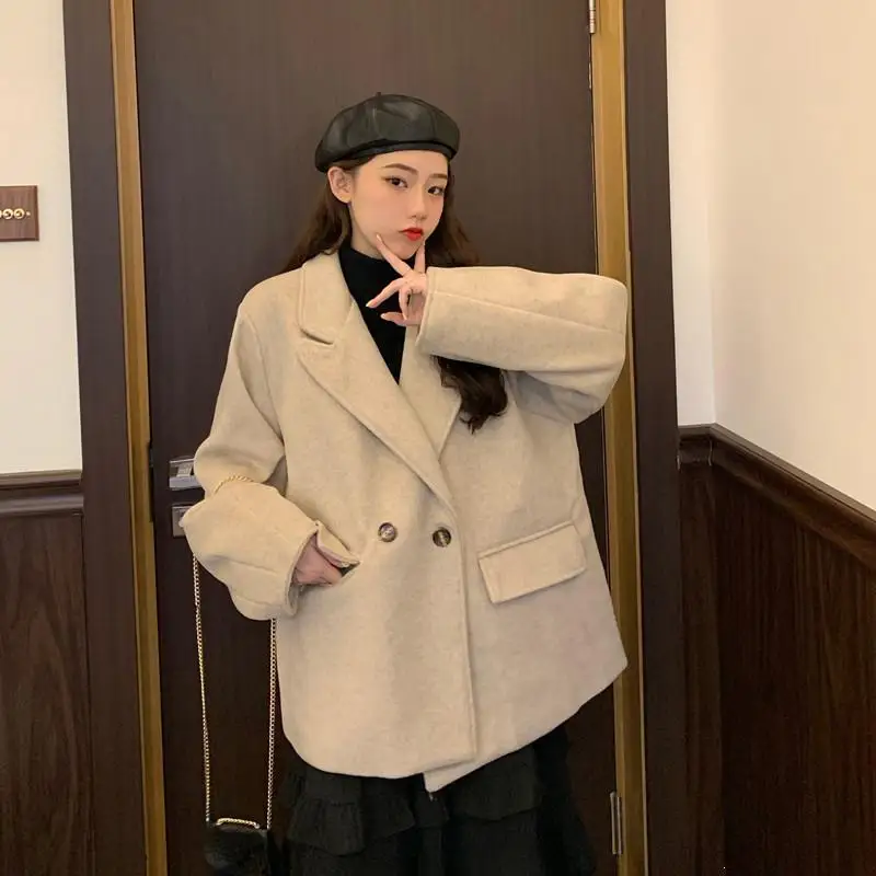 

Women Turn-Down Collar Long Woolen Coat Casual Fashion Warm Double Breasted Loose Coats Female Solid Outerwear