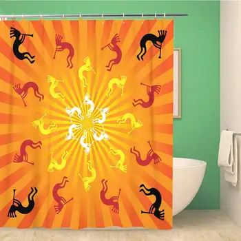 

Bathroom Shower Curtain Orange Aboriginal of Traditional Kokopelli Trickster Yellow American Anasazi Polyester Fabric 72x78
