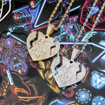

New Heart Broken Dollar Pendant Necklace With Stainless Steel Chain Gold Iced Out Cubic Zircon Hip Hop Rock Jewelry