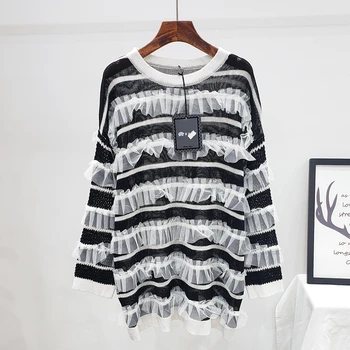 

Streetwear Summer Thin Striped Ice silk Knitted Sweater Women Casual Loose O-neck Long sleeve Splicing Knit Pullover Female Tops