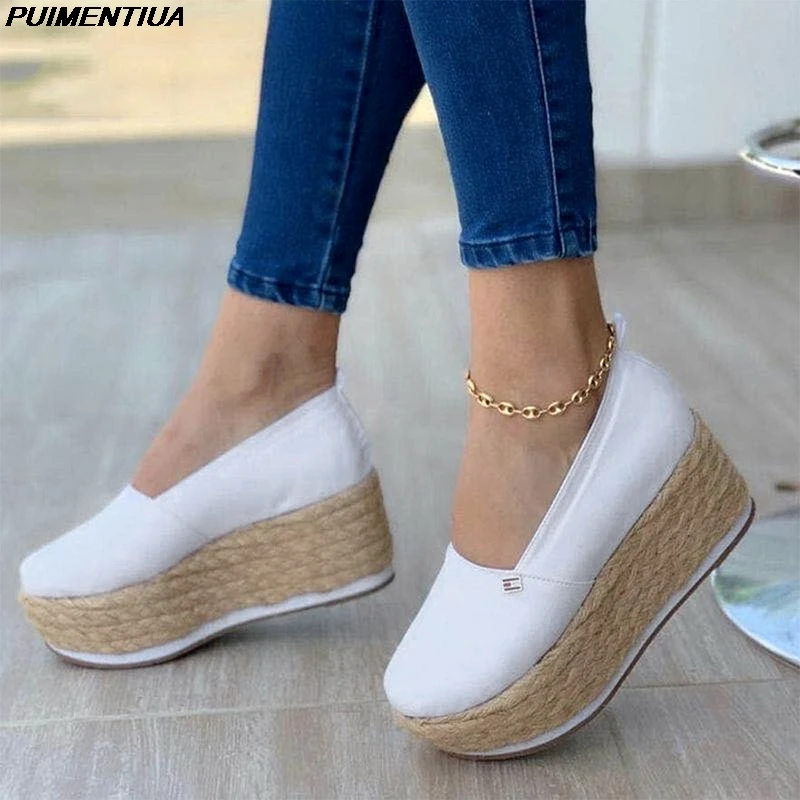 Puimentiua-calzado con plataforma mocasín para mujer, zapatillas de lona de cáñamo poco profundo, suela gruesa, cómodas, sin cordones