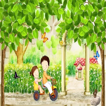 

Custom large mural 3D wallpaper Fairytale cartoon green tree leaf bicycle baby bedroom mural TV back wall decor deep 5D embossed