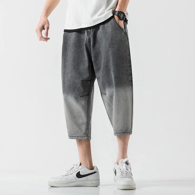 

Summer Short Jeans Men's Fashion Washed Contrast Retro Casual Jeans Cropped Trousers Men Streetwear Loose Hip Hop Gradient Jeans