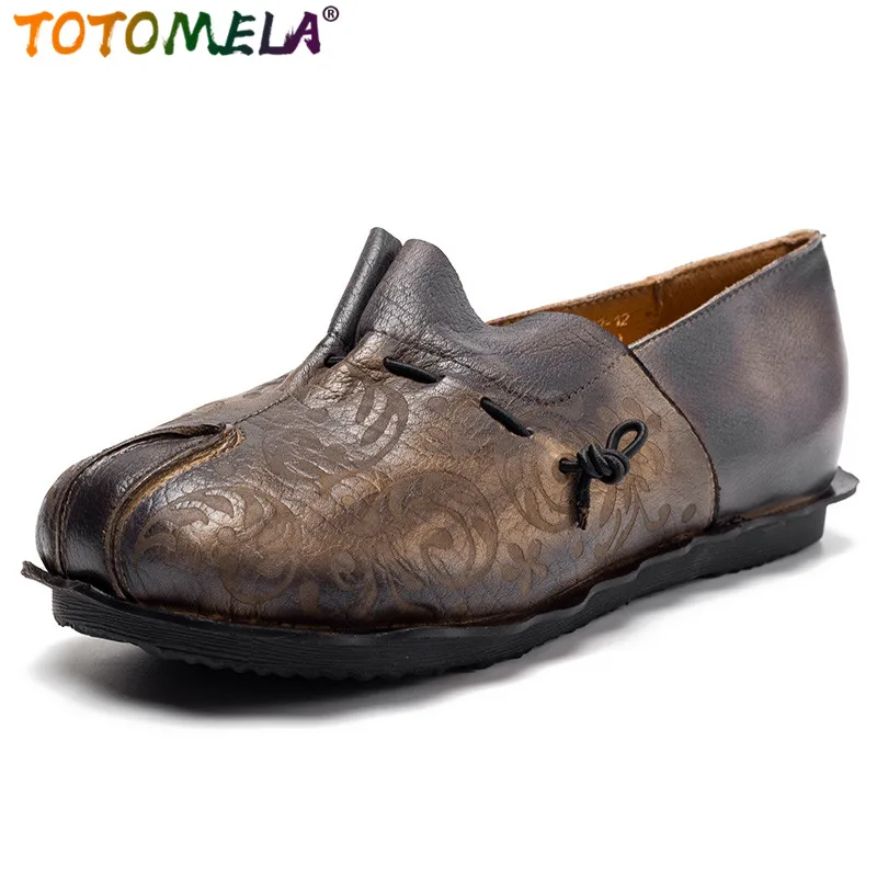 

TOTOMELA 2020 New TOP Quality vintage genuine leather shoes women flats round toe slip on casual flat shoes loafers