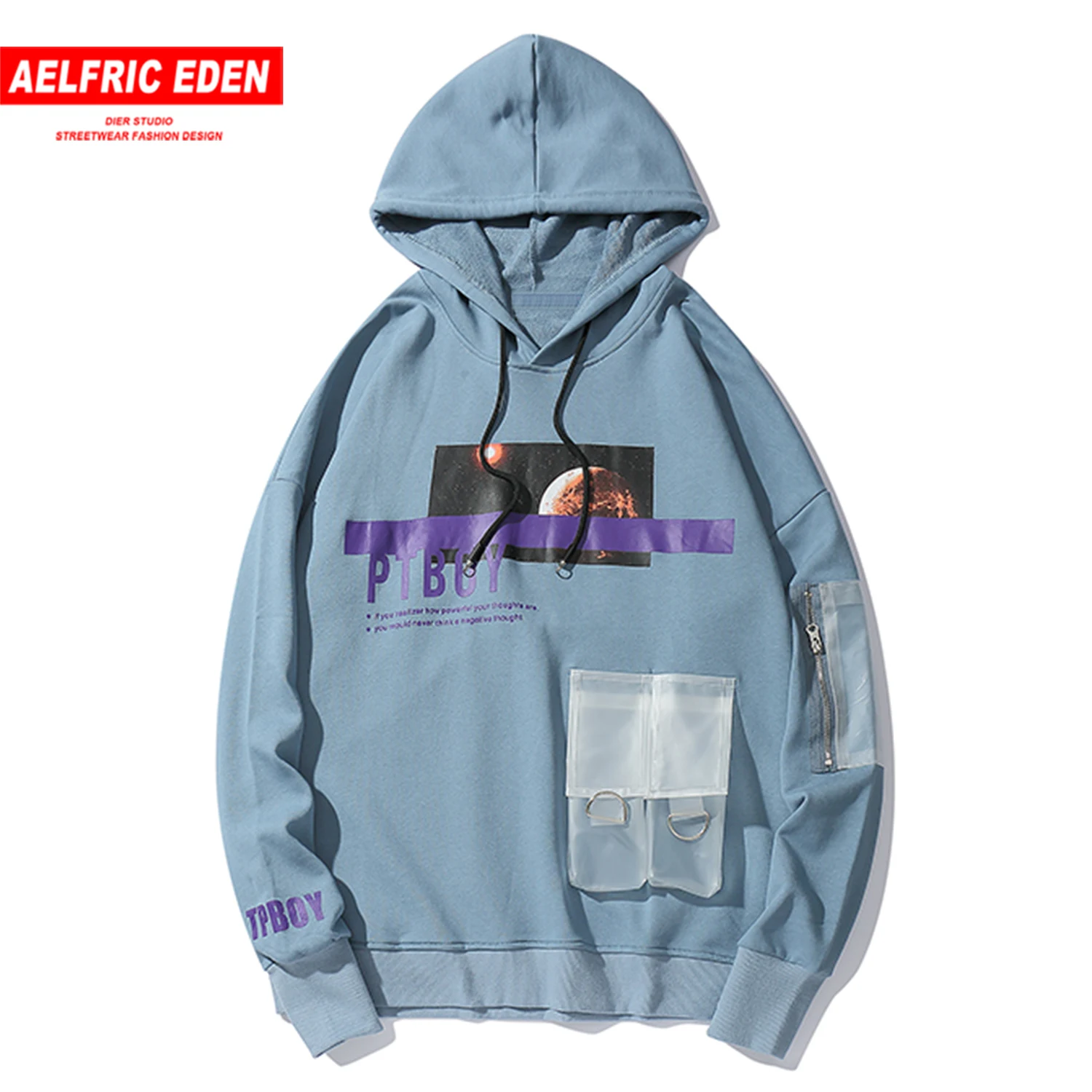 

Aelfric Eden Patchwork Pockets Letter Printed Mens Hooded Sweatshirts Harajuku Streetwear Hoodies Hip Hop Casual Cotton Pullover