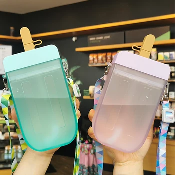 

Cute Popsicle Ice Bar Water Bottle Transparent Juice Drinking Cup With Straw Strap Belt 300 Ml