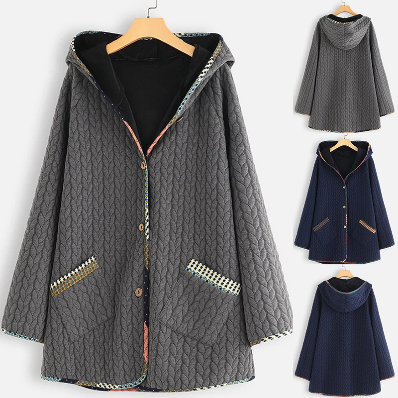 Hot Sale Womens Warm Casual Loose Hooded Ladies Long Sleeve Pocket Large Size Coat Jacket Winter Woman Button Hooded Coat 2019