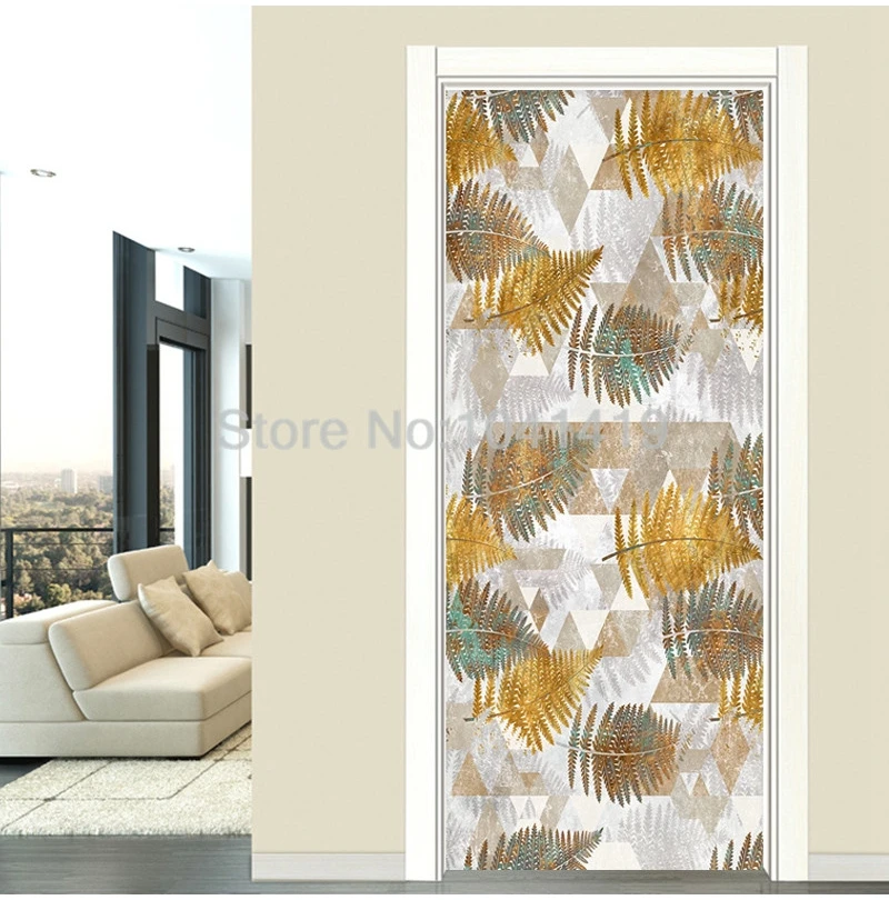 Фото обои 3D тропические растения Золотые листья Современная Геометрическая Дверь Наклейка ПВХ самоклеющиеся водонепроницаемые виниловые, на дверь Настенная Наклейка